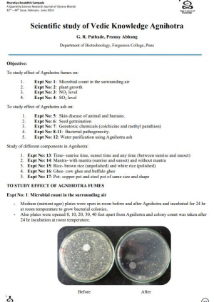 2014 Scientific study of Vedic Knowledge Agnihotra, G. R. Pathade, Pranay Abhang; Department of Biotechnology, Fergusson College, Pune, India